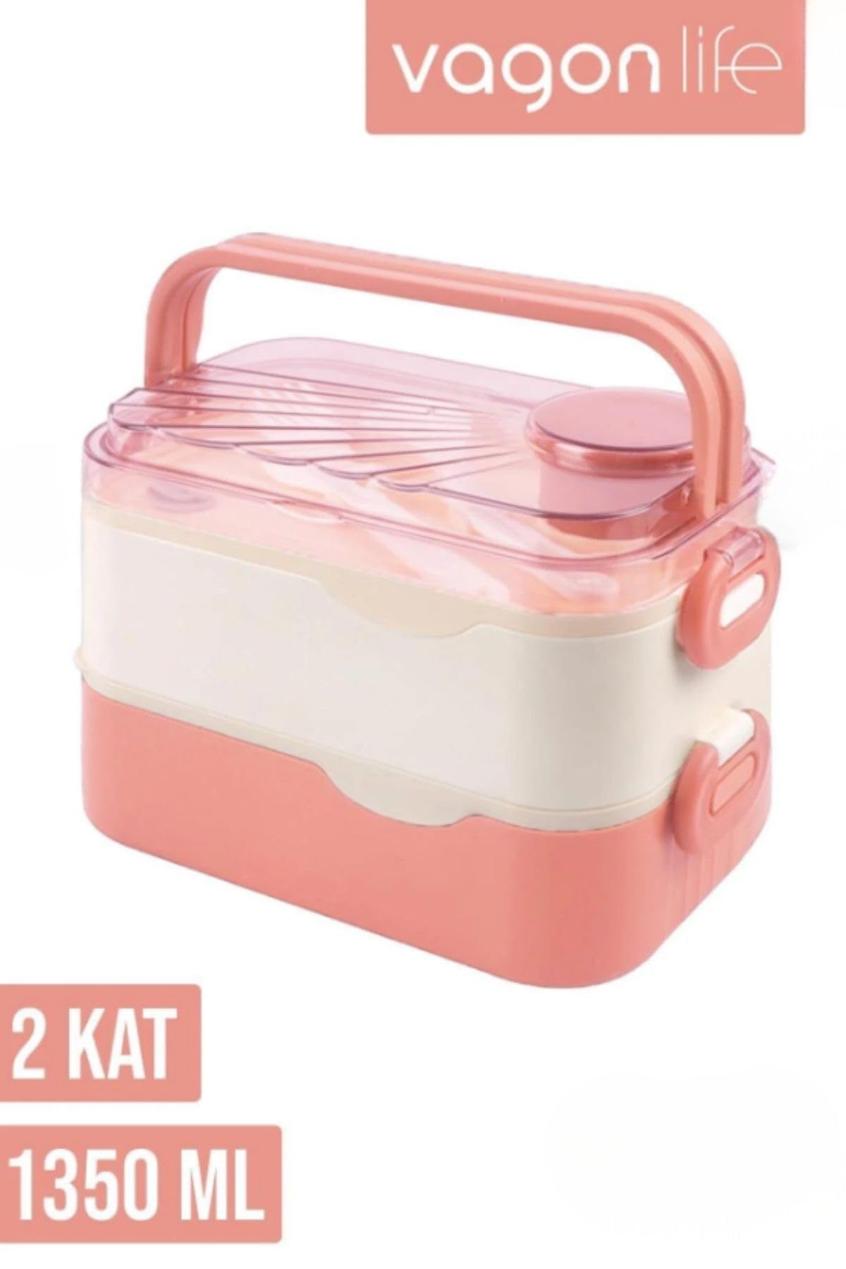 Vagonlife İçi Çelik 2 Katlı Saklama Kabı 1350 ml Pembe