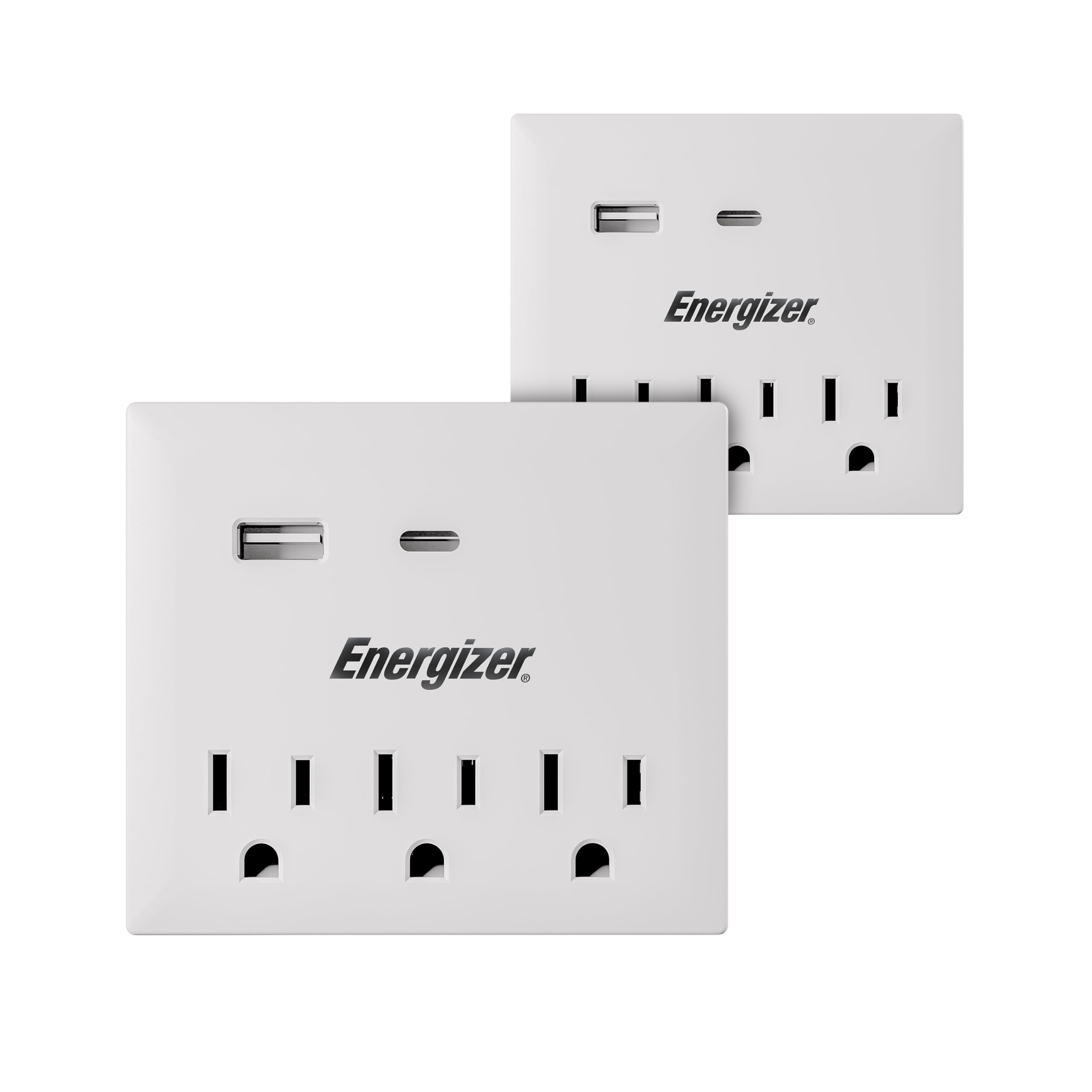 Energizer 2 Pack of Multi Plug Wall Outlet Extender (3 AC Power Outlets, 1 Type C Port, 1 USB A Port - 2.1A Total) Grounded Power Strip Expander