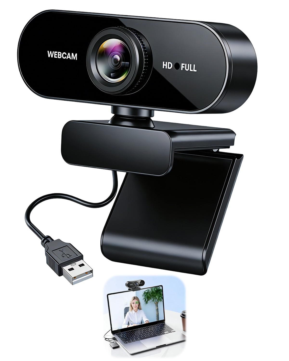 Webcam Full HD, 1080P/30fps Webcam mit Mikrofon, Facecam USB Web Cam, 90° Weitwinkel Rauschunterdrückung, Automatische Lichtkorrektur, Plug&Play für PC Live-Streaming Videoanruf Konferenz Spiel