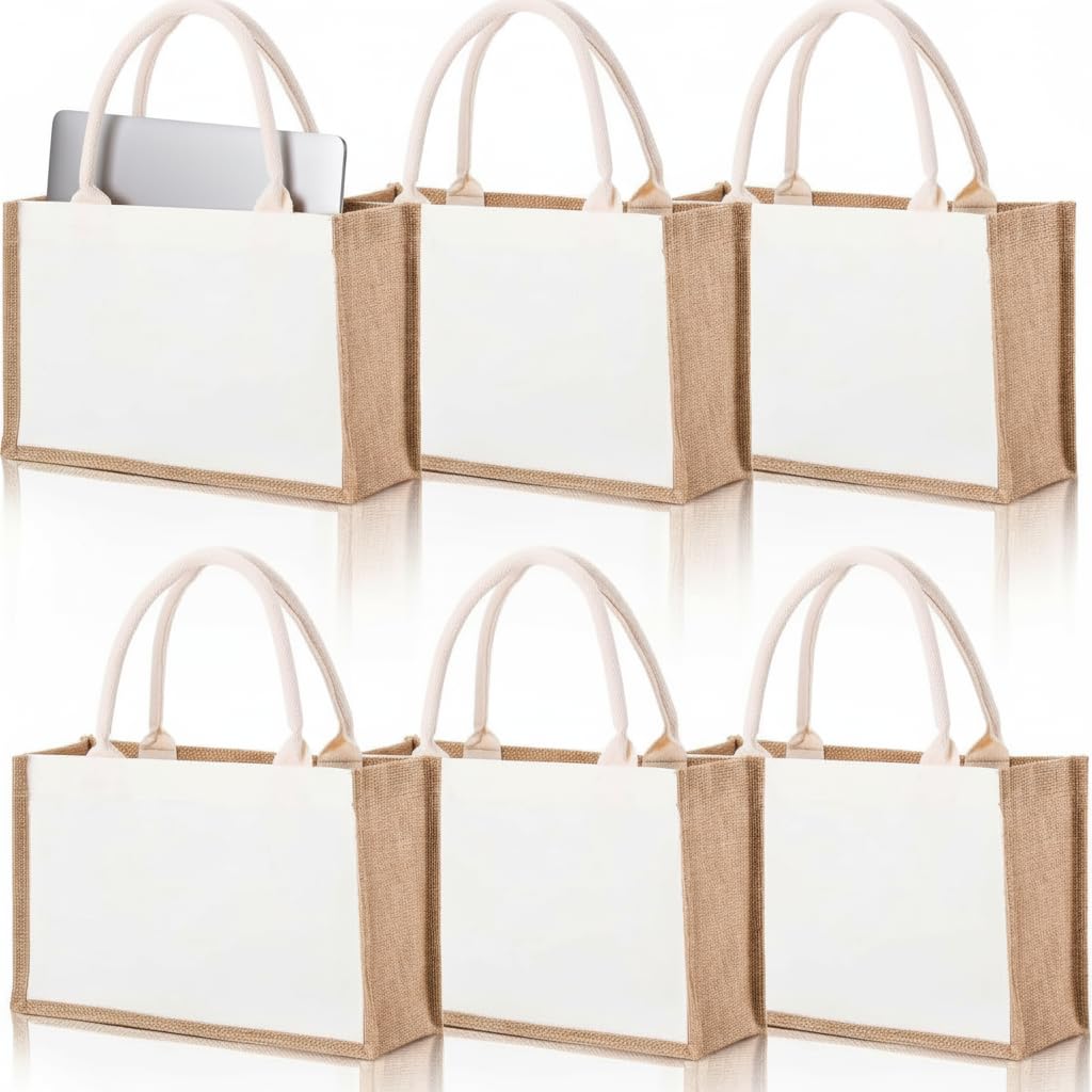 SOUJOY 6 Large Pack Burlap Tote Bags, 37×25cm Reusable Jute Gift Totes with Handles, Water Resistant Beach Bag, Canvas Grocery Shopping Totes for Bridesmaid, DIY, Wedding, Valentine's Day