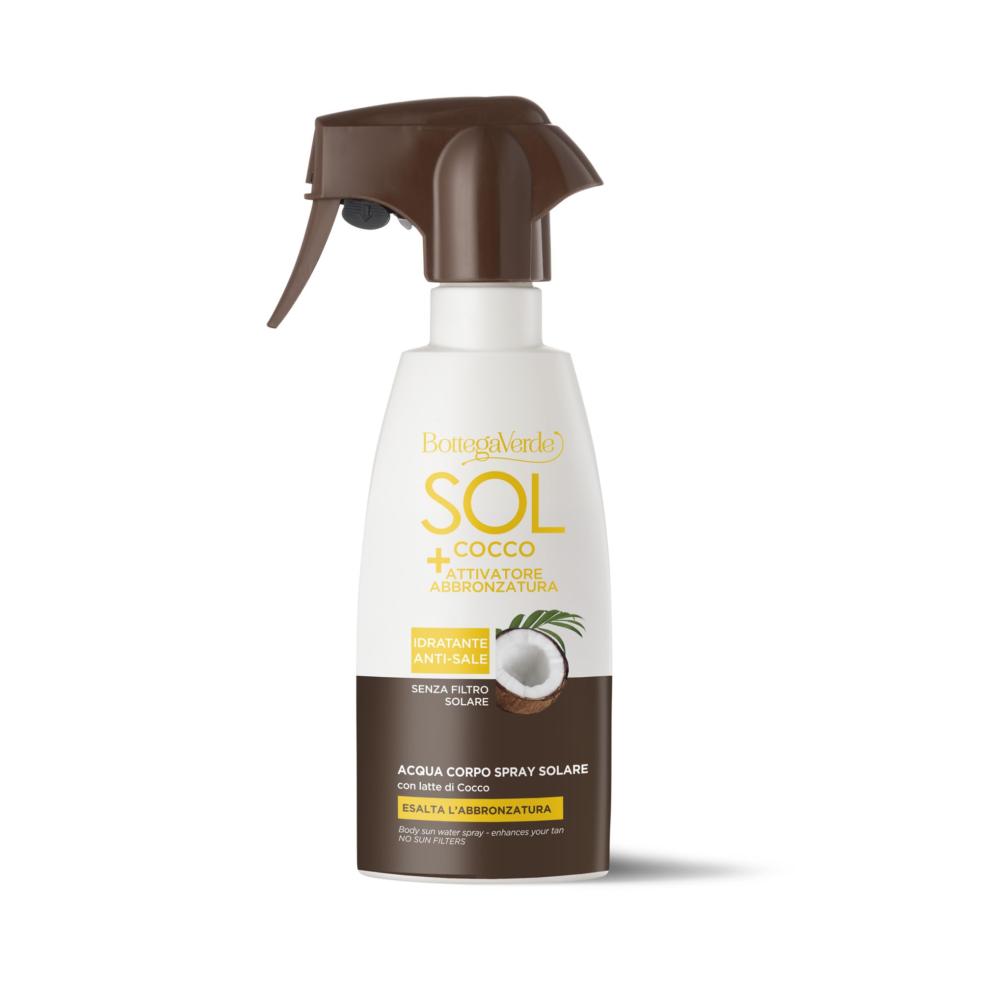 Bottega Verde - SOL Cocco, Acqua Corpo Spray Attivatore Abbronzatura 200 ml, Idratante e Rinfrescante, Effetto Anti-Sale, con Latte di Cocco, Carota e Papaya, Esalta l’Abbronzatura, No Filtri Solari