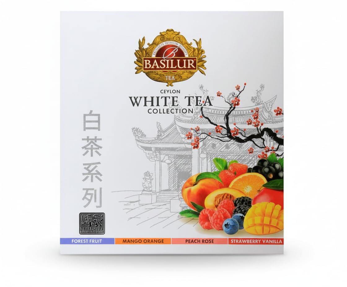 Ceylon White Tea Collection Gift Set - 60g Premium Loose Leaf Tea Bags with 4 Artisan Flavors Forest Fruit Mango Orange Peach Rose Strawberry Vanilla | Individually Foil Wrapped | Luxury Tea