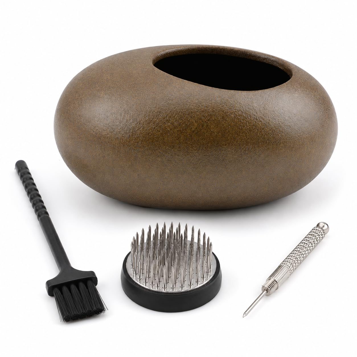 Photo 1 of WANDIC Flower Arranging Supplies, Round Flower Frog & Ceramic Flower Pot Brown Pebble Flower Arrangement Pot for Ikebana Floral Art Home Office Decoration