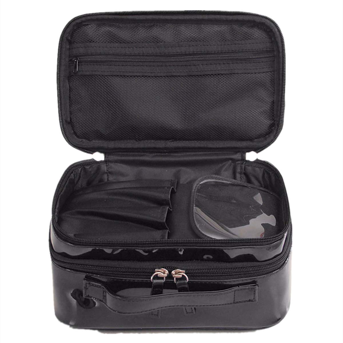 Xicennego Travel Makeup Train Case Makeup Cosmetic Case Organizer Portable Artist Storage Bag Large Double Layer PU Patent Leather Material waterproof storage cosmetic makeup brush(Black)
