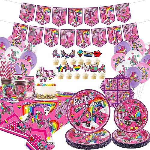 LSJDEER Fournitures de fête de patinage à roulettes - Les décorations de fête d'anniversaire de patin à roulettes comprennent une bannière de joyeux anniversaire,...