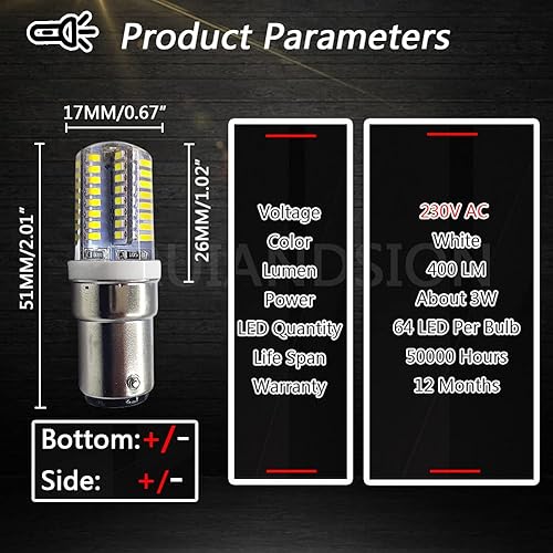 Miniatura 10 de Ruiandsion BA15D Bombillas LED 230 V CA Bombilla base de bayoneta doble 3014 64SMD chips blanco cálido para máquina de coser, lámpara de araña, no