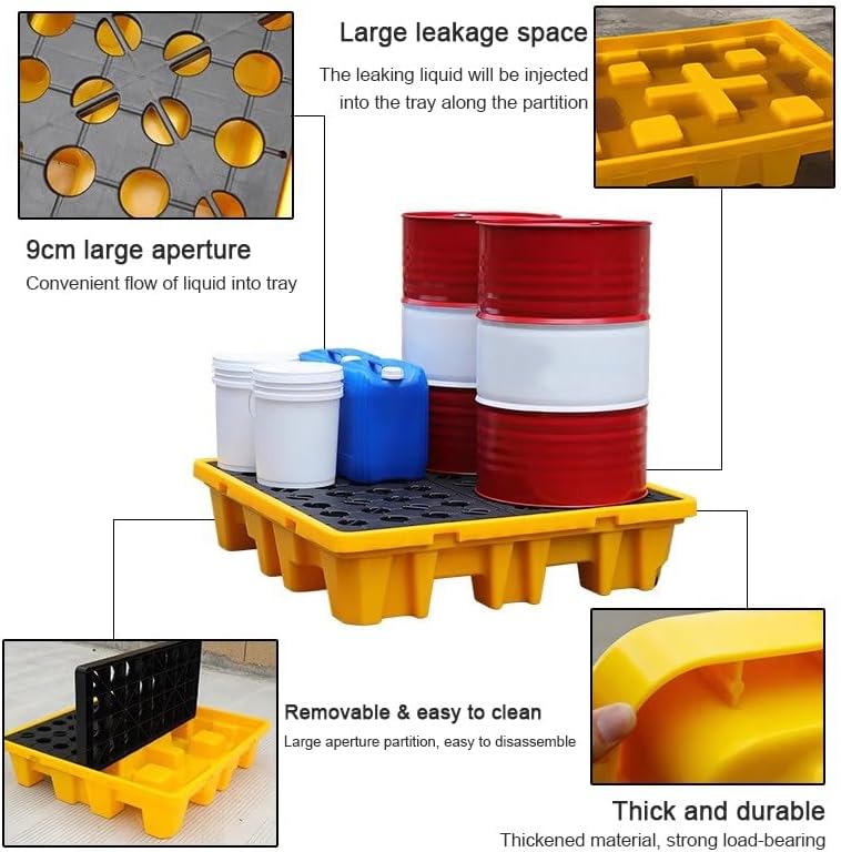 Modular Spill Containment, 1/2 Drum Modular Platform, Industrial Spill Containment Pallet with Drain, Polyethylene Tray Detachable Grating for Garage Storage，Yellow 1pcs 66x66x15cm