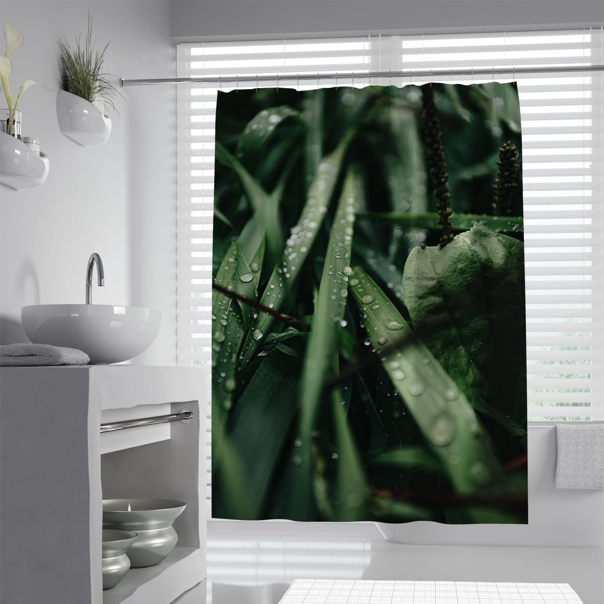 UIRINGART Green Dew Leaves Bath Curtain W120xL180cm Rainforest Grass Dewdrops Waterproof Machine Washable Rustproof Grommets Bath Drape with Hooks