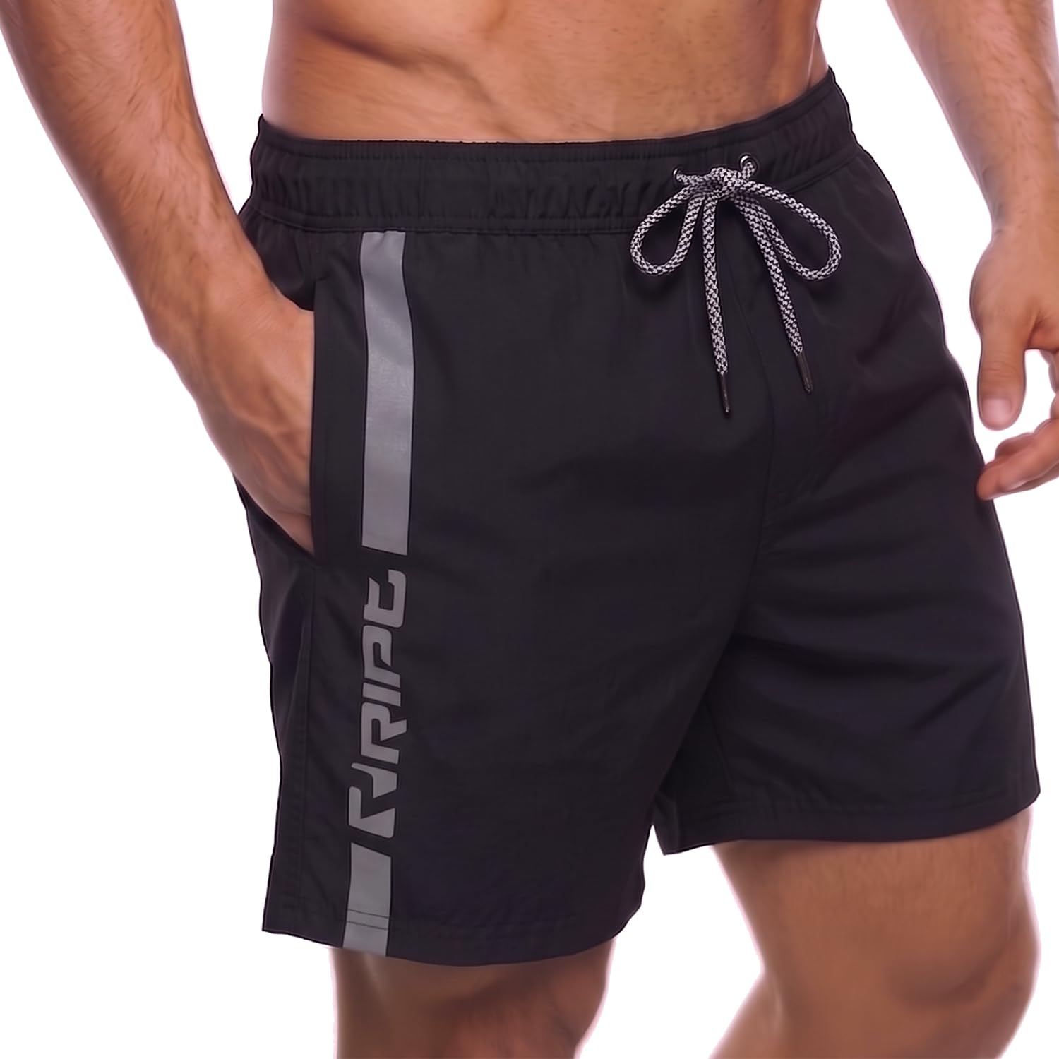 RIPT Men’s Quick Dry Swim Shorts with Mesh Lining Drawstring Waist UV50 Sun Protection Beach & Swimming Trunks (Black/Grey, L)