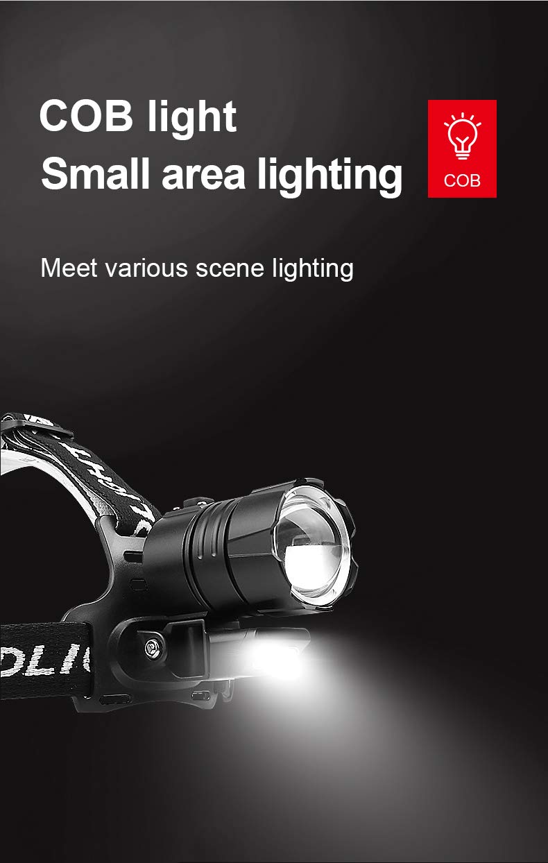 Lampe frontale LED XHP90.2 rechargeable 12000 lumens, lampe frontale LED puissante zoom avec COB et affichage de la puissance 4 modes pour le camping, la réparation de voiture