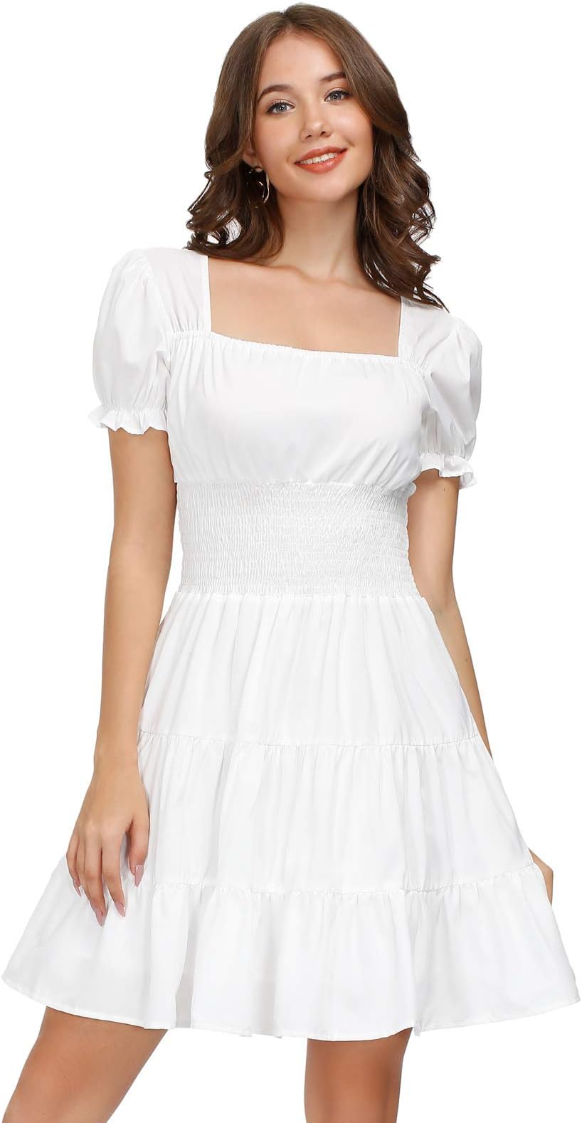 KANCY KOLEWomen's Smocked Waist Dress Square Neck Short Bubble Sleeve Ruffle Mini Dress S-XXL
