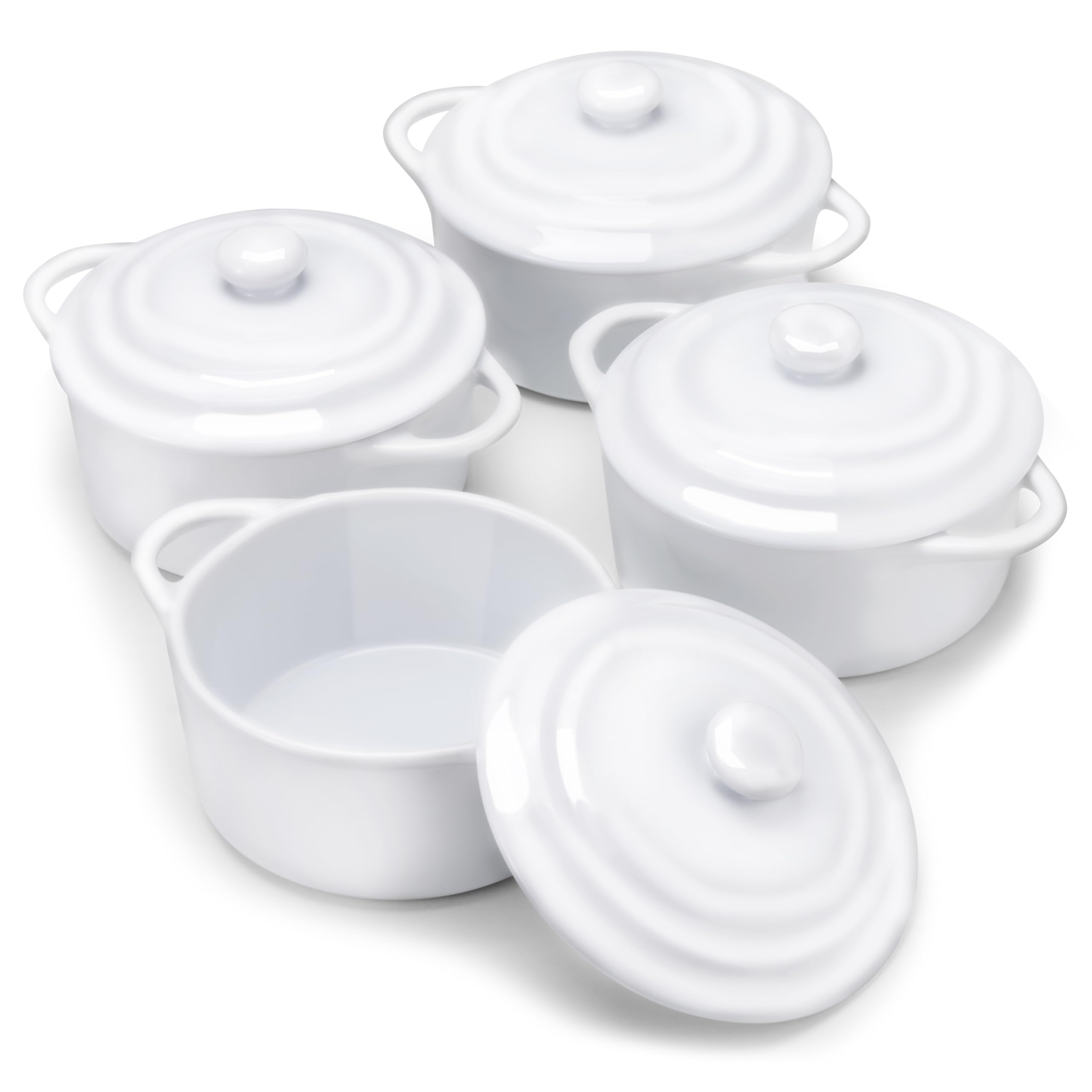 Kook Ceramic Mini Cocotte Set, Small Casserole Dishes with Lids and Handles, Individual Baking Ramekins, Oven, Microwave & Dishwasher Safe, Stoneware, 12 oz, Set of 4 (Swiss White)