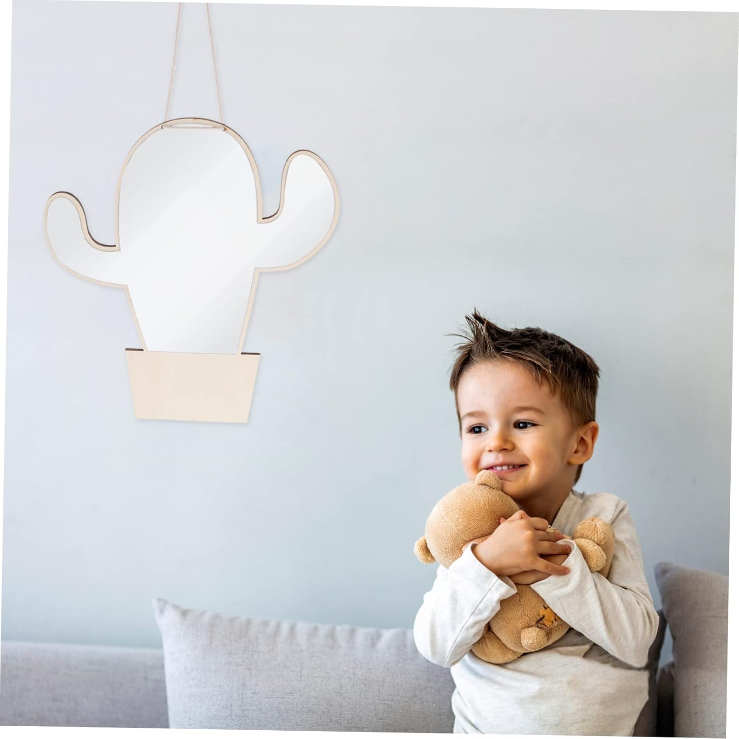 Cactus Shape Safe Wooden Mirror for Kids Nursery Wall Decor