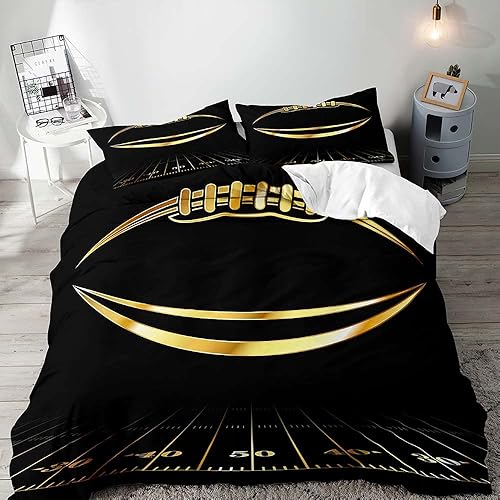 LUVIVIHOME Funda de edredón dorada de fútbol americano de 3 piezas, ropa de cama negra, ropa de cama deportiva para niños, adolescentes y niños,