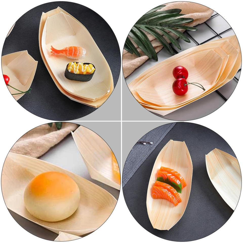 Platos desechables de madera en forma de barco 50 piezas miniatura 5