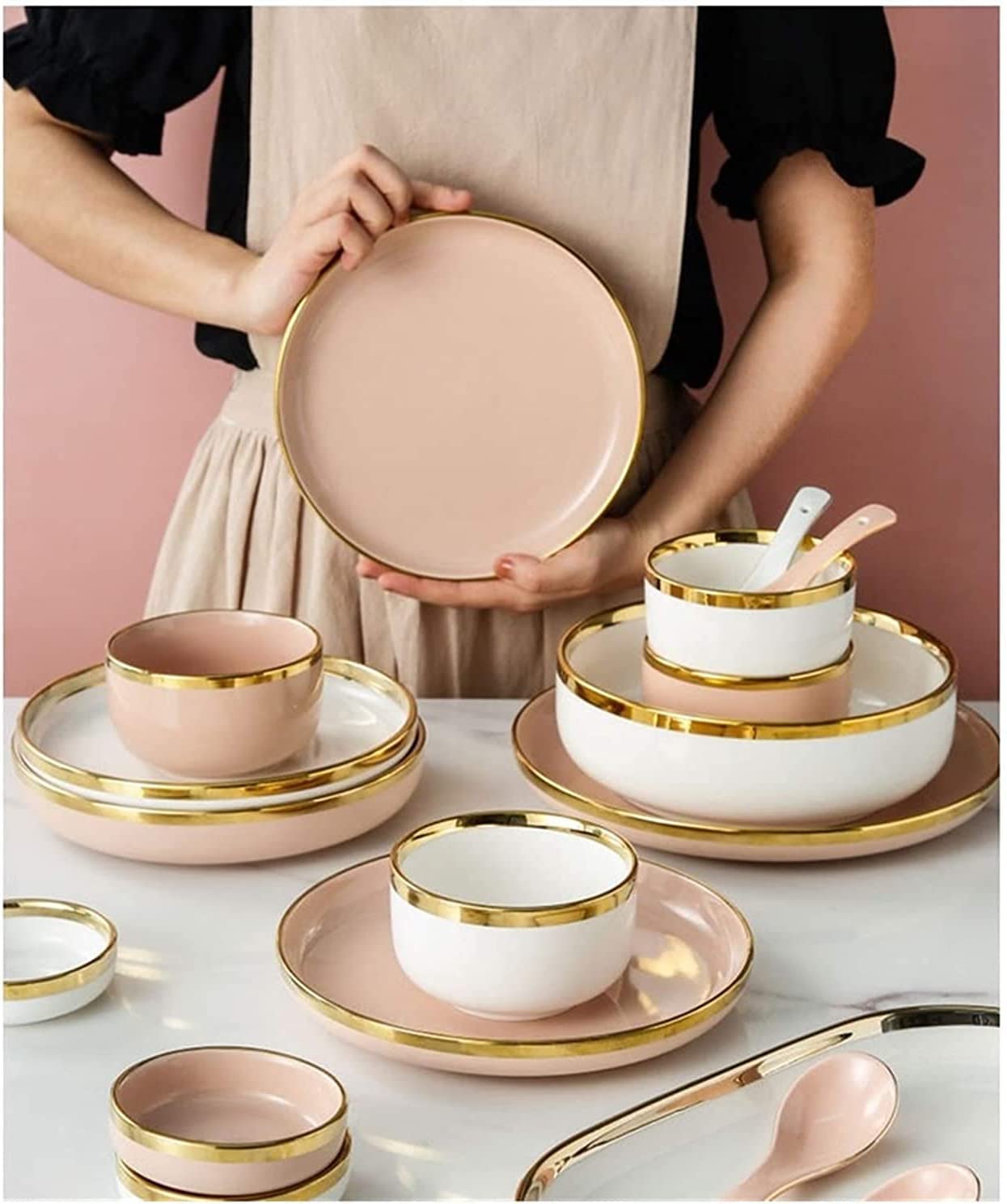 H3TF5J Luksusowe zastawy stołowe, ceramiczne zastawa stołowa w stylu europejskim, piekarnik mikrofalowy bezpieczny zastawa stołowa, porcelanę kadmu bez ołowiu, zastawa stołowa ślubnego (różowe 8 osób)