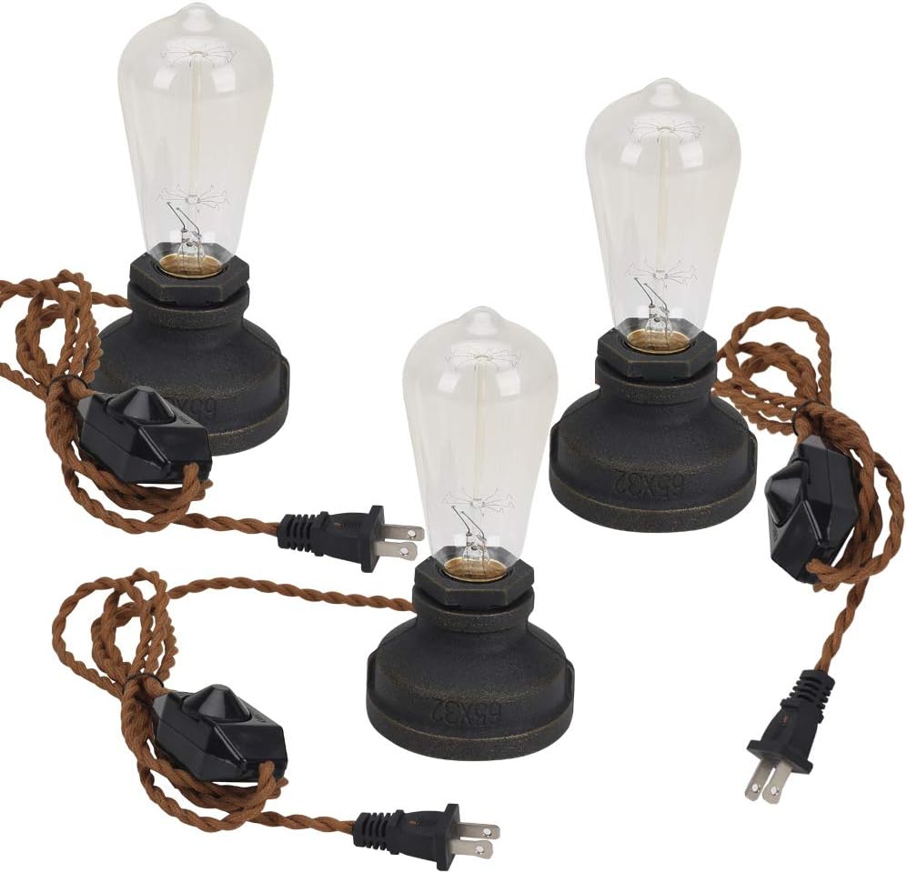 Kiven Steampunk Table Lamp UL Brown Weave Rope Dimmer Switch Cord Vintage Style Desk Light E26 Iron Base Modern Antique Table Light Present Bulbs Not Included 3-Pack