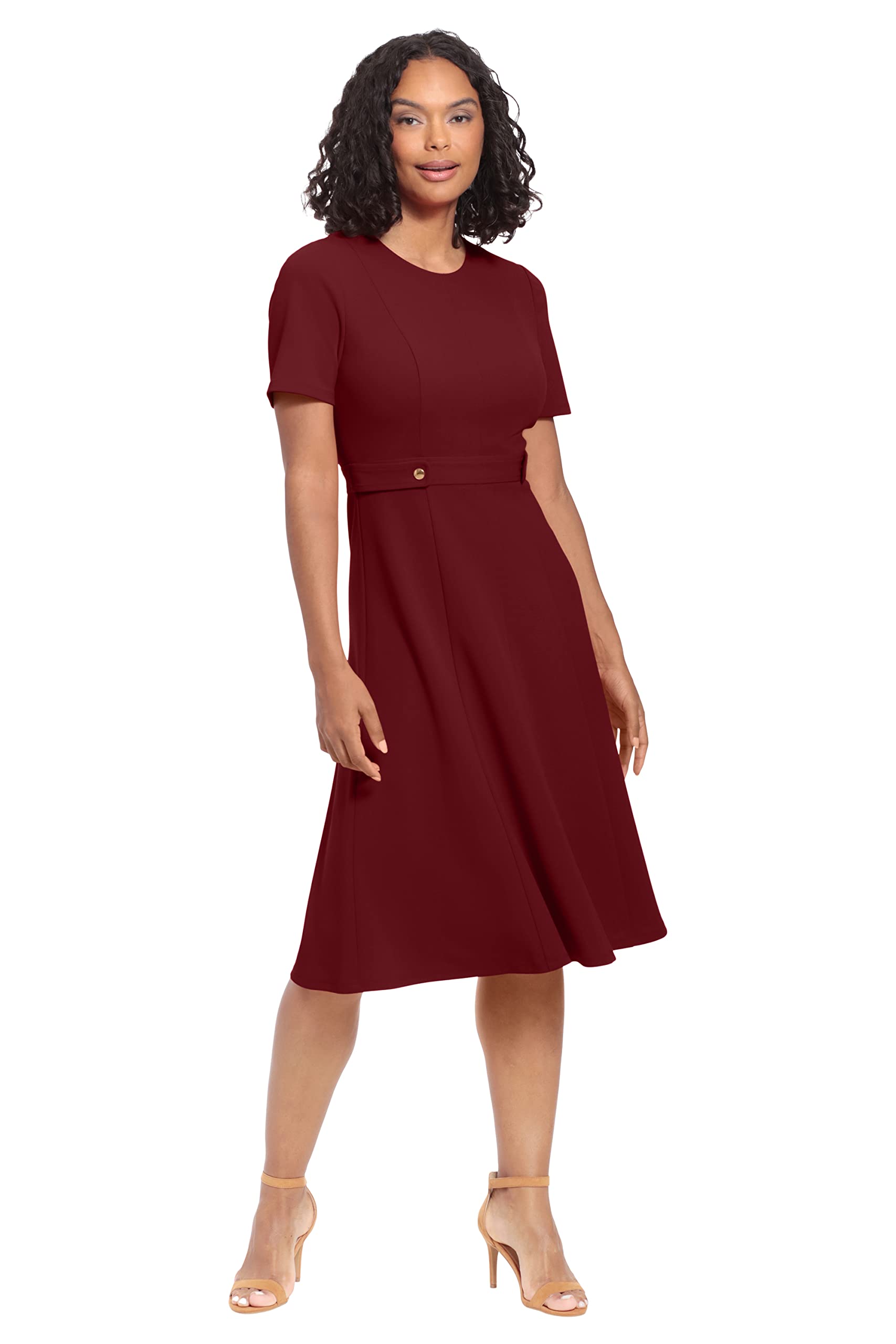 London Times Women's Knit Eyelet Short Sleeve Crepe Inset Waist Midi with Button Detail
