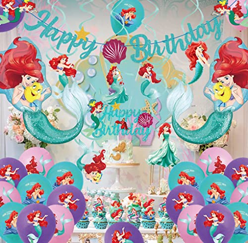 Gogoparty Mermaid Birthday Decorations , 52 Pcs Mermaid Birthday Party Supplies Include Banner, Cake Topper, Cupcake Topper, Balloons, Swirl For Kids Baby Shower Mermaid Happy Birthday Party Decors #TOP3