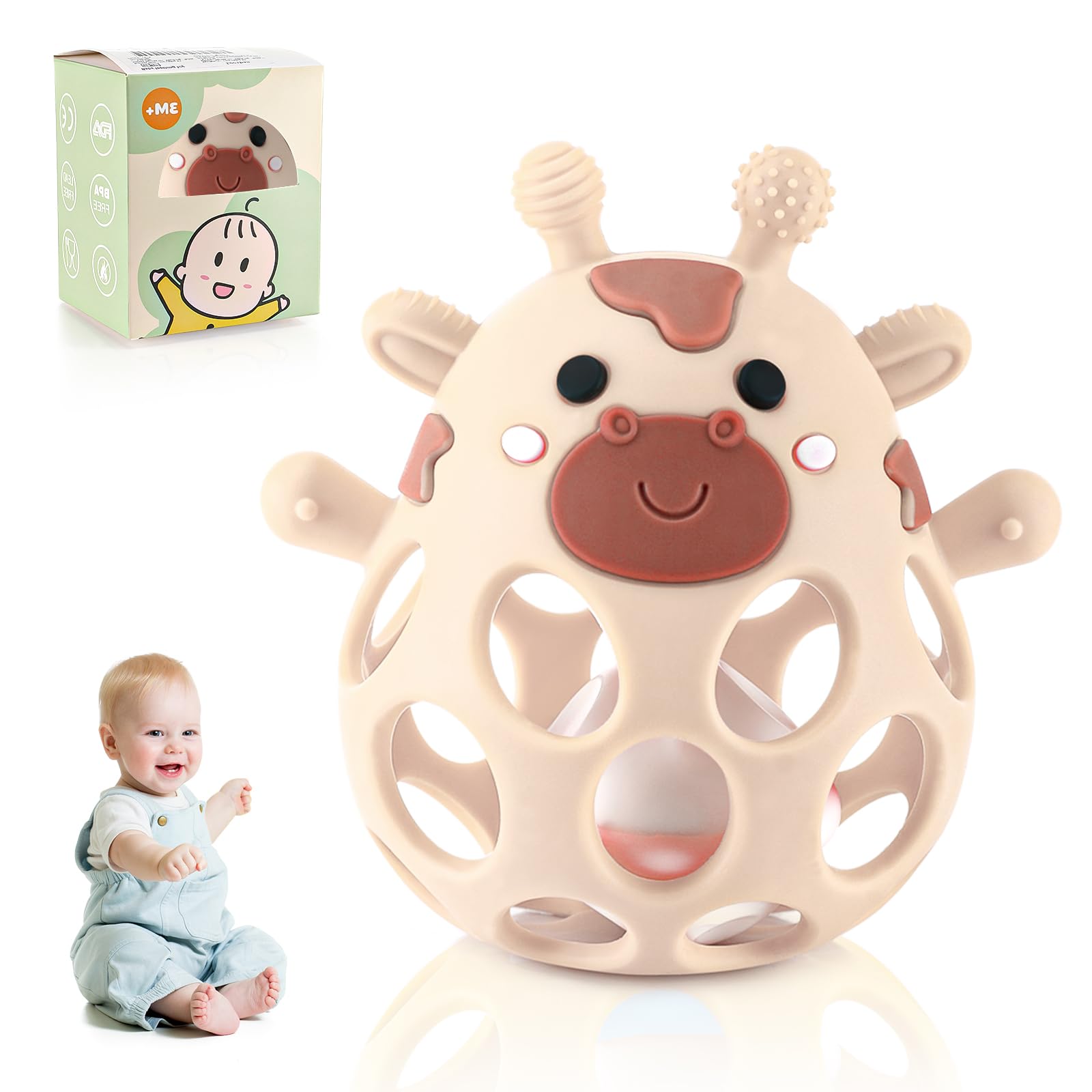 Beißring Baby Spielzeug Beißring Spielzeuge, Teething Ring Baby Toy, Silicone Rattle Toy BPA Frei Beißspielzeug B aby Montessori Spielzeug Von 3-18 Monaten (Hellbraun)