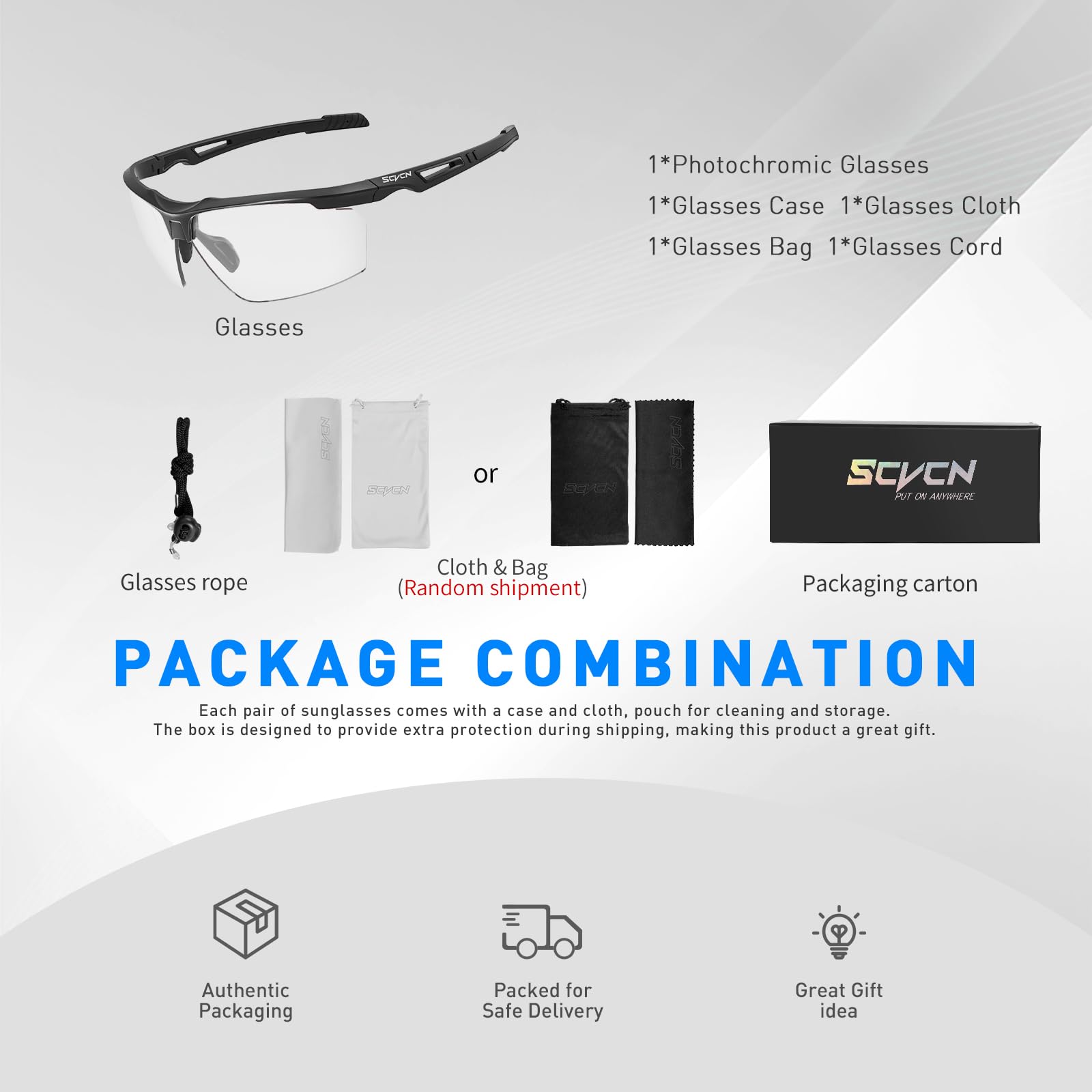 SCVCN Gafas de Ciclismo Fotocromáticas Hombre Mujer S86 | Montura TR90, almohadilla nasal ajustable para ciclismo y running.
