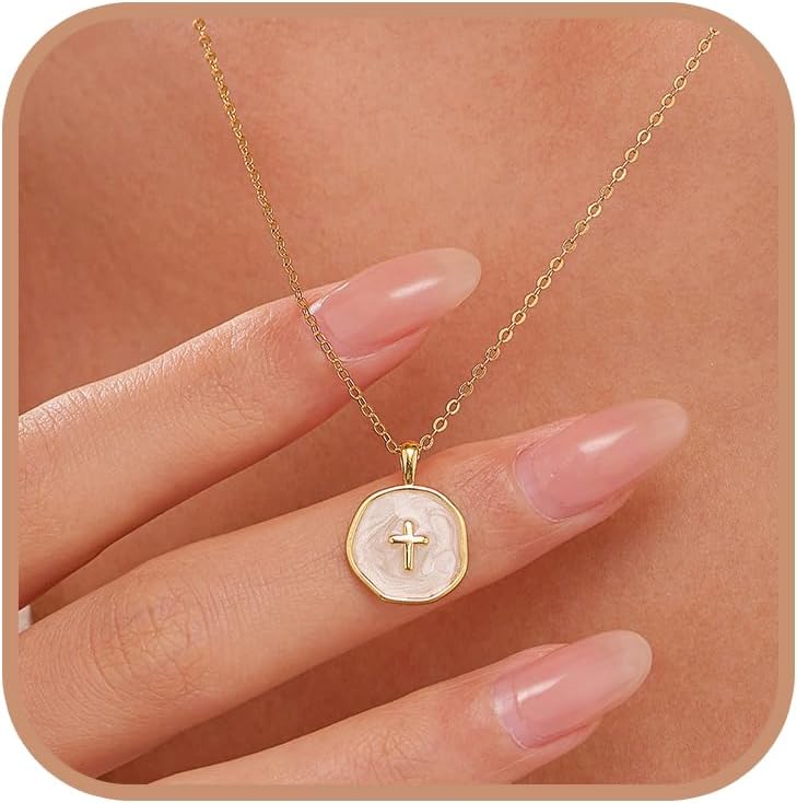 Dainty Cross Necklace for Women 925 Sterling Silver Christian Faith Necklaces 14K Gold Plated Circle Crucifix Pendant Necklace Religious Jewelry Baptism Easter Christian Gifts