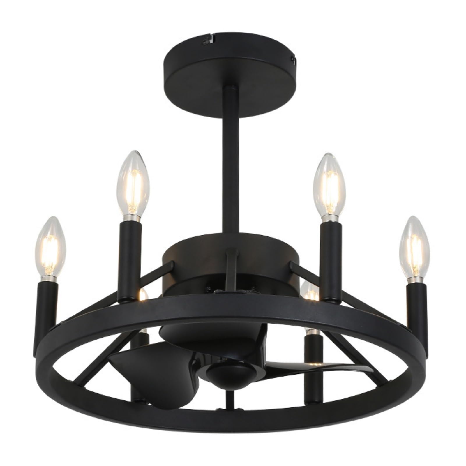 ERETYRET Retro Candlestick Ceiling Fan Lamp Living Room Iron Cage Bedroom Variable Frequency Three-Color Electric Chandelier Quiet Cooling