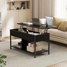 Lift Top Coffee Table with Storage, 39 Inch Farmhouse Wood Center Table with Hidden Compartment and 2 Shelves, Black Lift-Top for Living Room, 300 lb Capacity