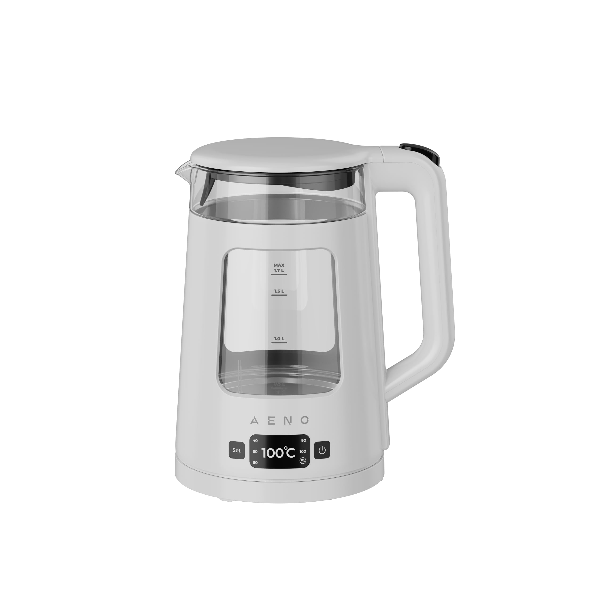 AENO EK6 Bouilloire électrique 1,7 l, 1850-2200 W, contrôleur Strix, bol intérieur en verre, double paroi, écran LED, fonction maintien au chaud, transparente