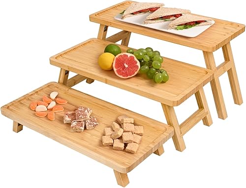 Miniatura 10 de GEHE Bandeja de servir de 3 niveles para fiestas, soporte plegable para cupcakes, juego de torre de madera de acacia, soporte de exhibición de mesa