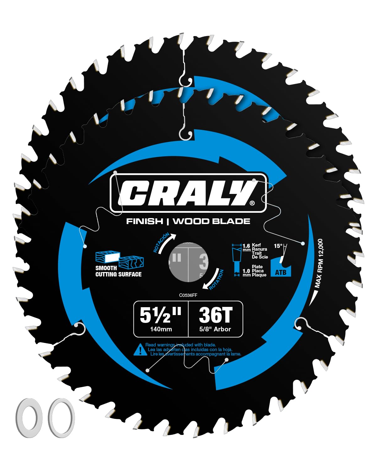 CRALY 5-1/2 Inch 36 Teeth Fine Finish Wood Cutting Circular Saw Blade, 5/8 Inch Arbor, Carbide Tipped, Thin Kerf, Black Ice™, for Plywood, MDF, OSB,