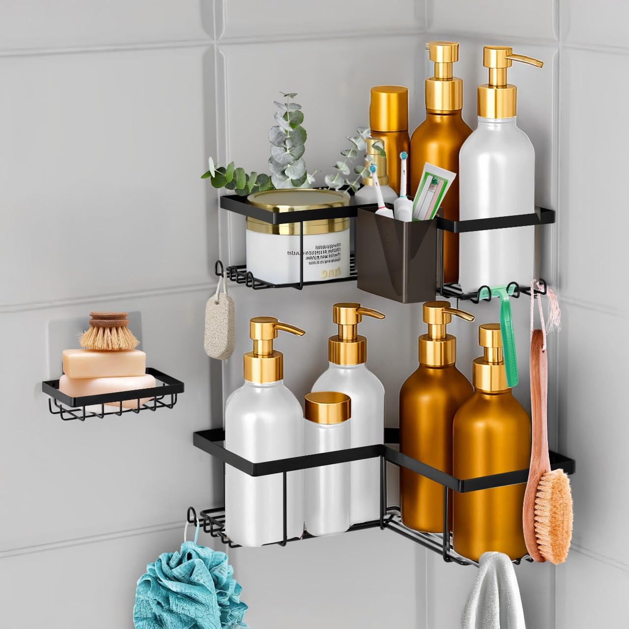 Sben Corner Adhesive Shower Caddy Toothbrush Holder Soap Holder and 12 Hooks 4 Pack Rustproof Material Bathroom Organizer