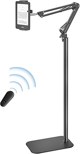 Soporte de suelo para Kindle con girador de páginas remoto para leer en la cama, soporte ajustable para tableta con clicker, accesorios Kindle