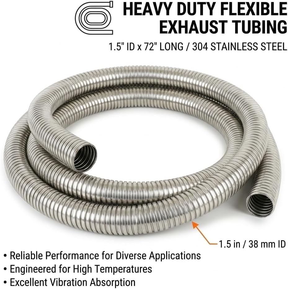 Long Exhaust Flex Pipe, Stainless Steel Flexible Exhaust Tube for Generator, Heater, and Automotive Repair, Heavy Duty Corrosion Resistant Corrugated Pipe (1.5" ID x 72")