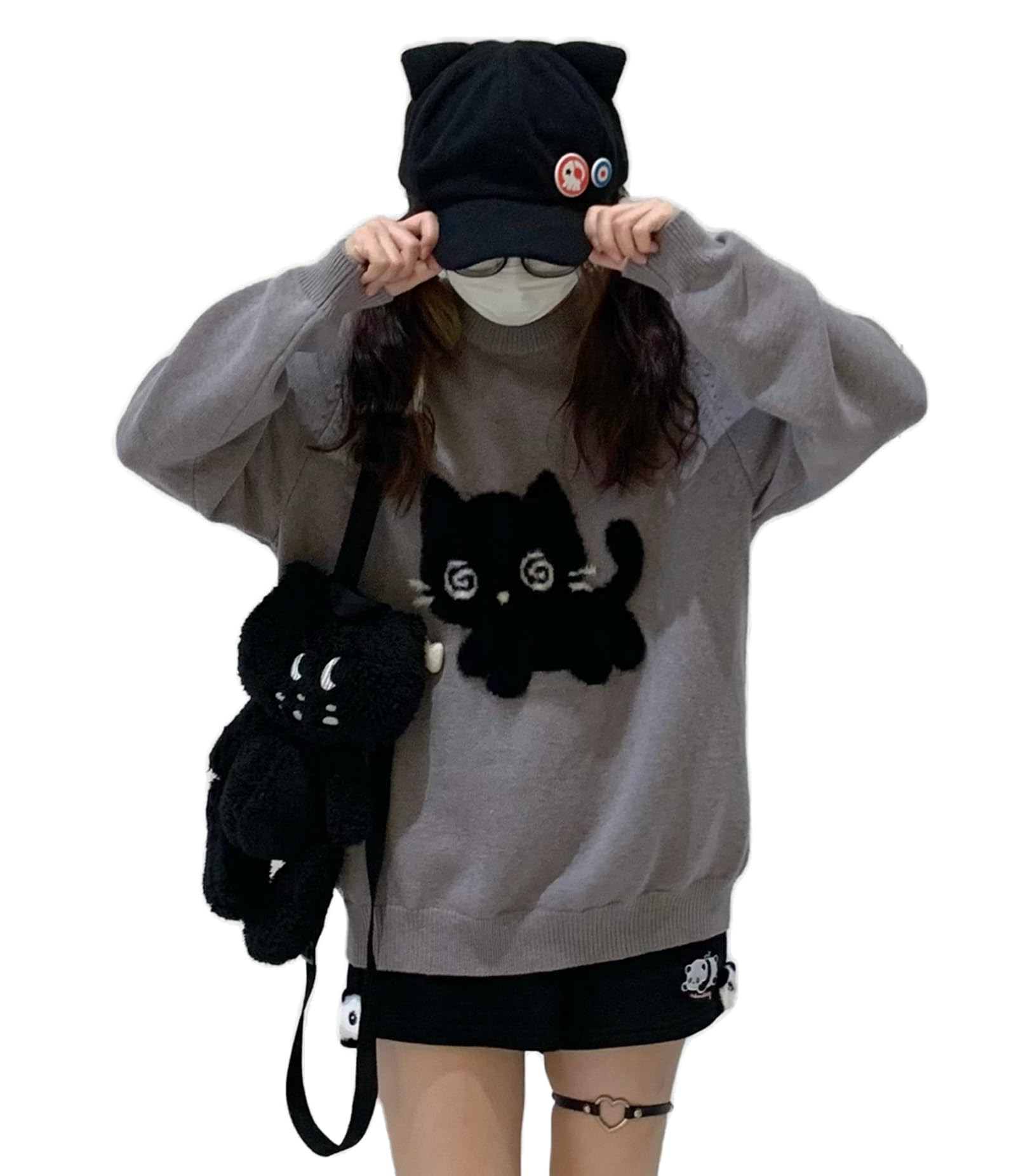 Y2K Kawaii Knit Cute Cat Print Casual Long Sleeve Crew Neck Oversize Pullovers Sweaters for Women
