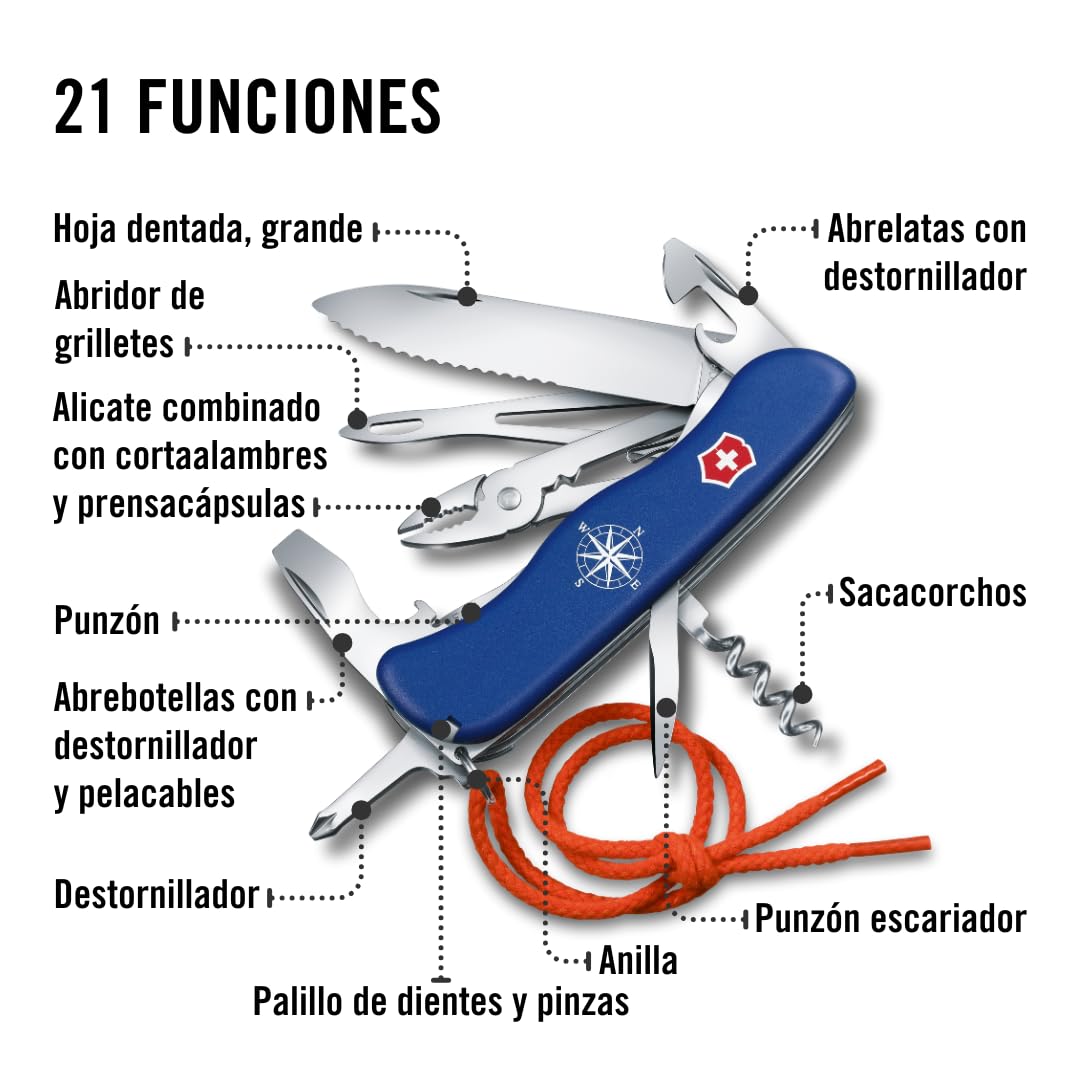 Victorinox Navaja suiza de bolsillo Skipper, navaja para navegar, 5 funciones, Swiss Made, multiherramienta con hoja dentada grande, hoja bloqueable, azul