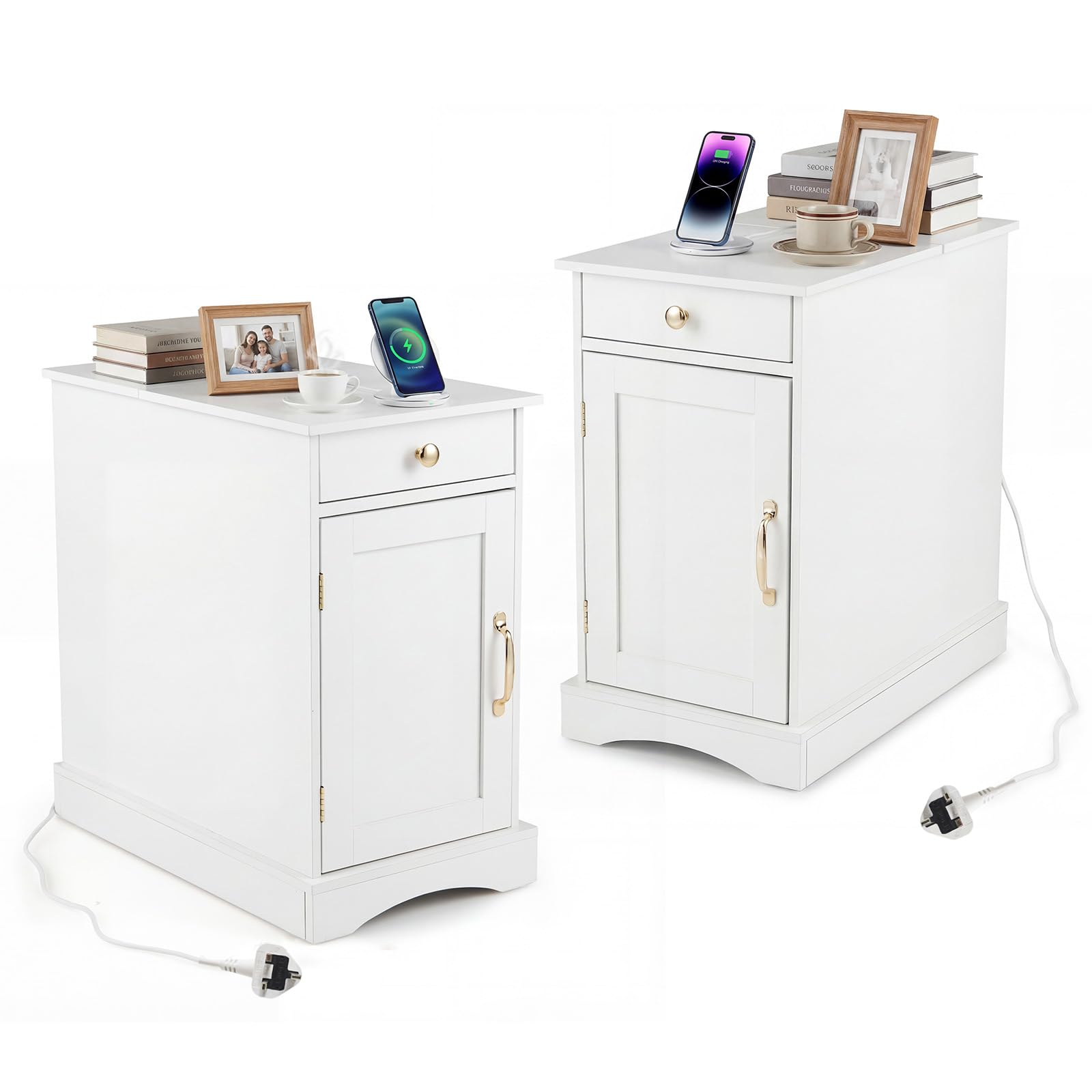 COSTWAY Bedside Table with Charging Station, Wooden Nightstand End Sofa Side Table with Drawer, Cabinet & Adjustable Shelf, Narrow Accent Bedside Cabinet for Living Room Bedroom (2, White)