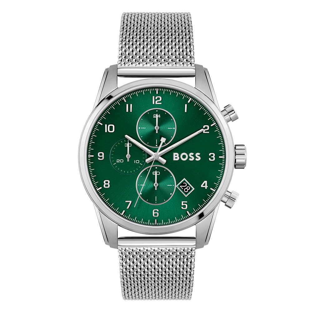 BOSS Skymaster Qtz Fashion Chrono Green Round Dial Mens Watch|Stainless Steel Material|Silver Color Band - 1513938 (B09R8YJWTN) Amazon Price History, Amazon Price Tracker
