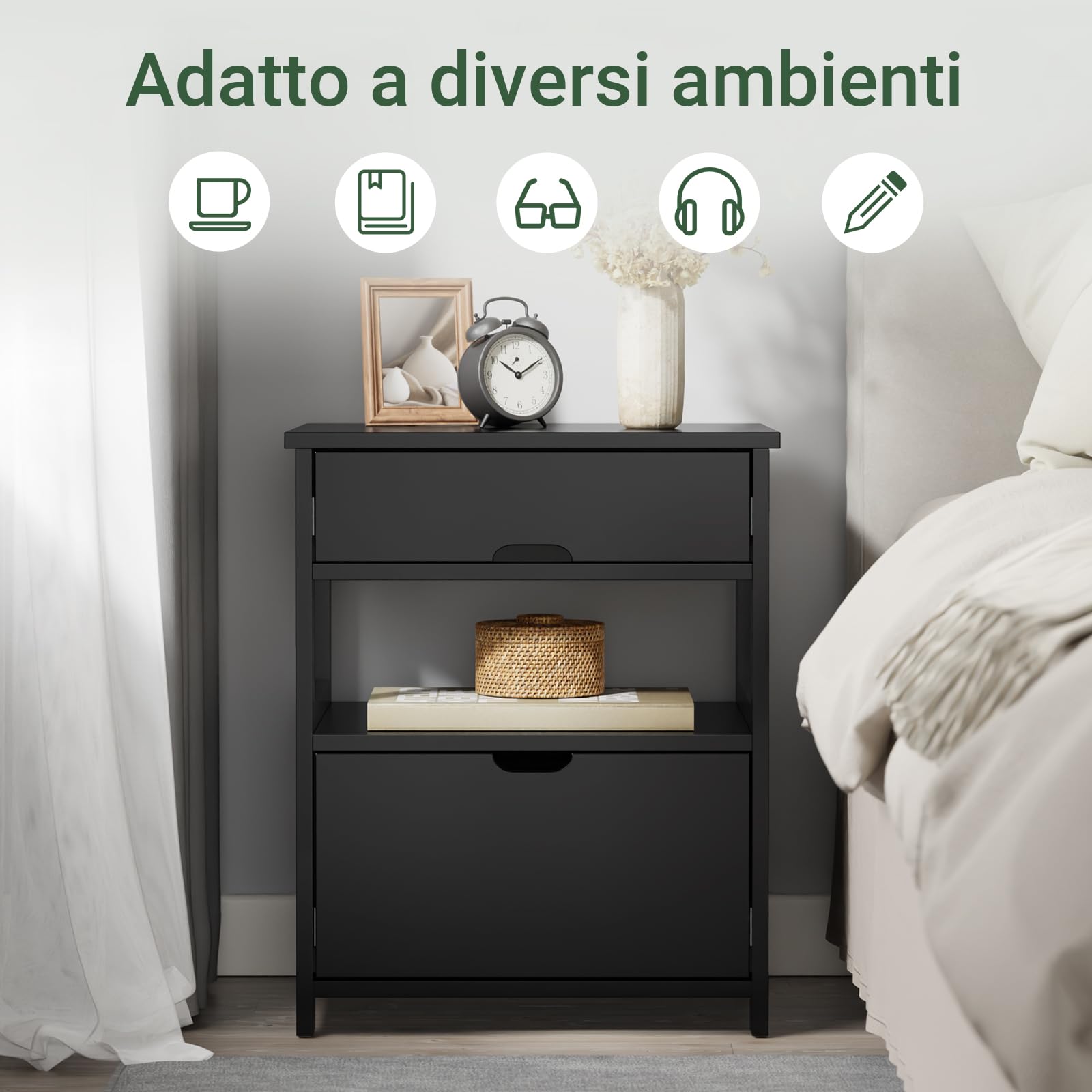 SoBuy Comodino Camera da Letto - Comodino con 2 Cassetti e 1 Ripiano, Tavolino Salotto - Moderna Cassettiera L45 x P38 x A55 cm Nero FRG258-SCH
