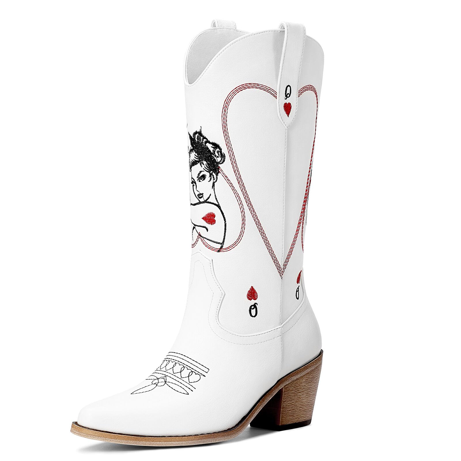 Womens Mid Calf Cowboy Boots - Western Cowgirl Boots with Queen of Hearts Embroidery Stitched Pointed Toe Pull