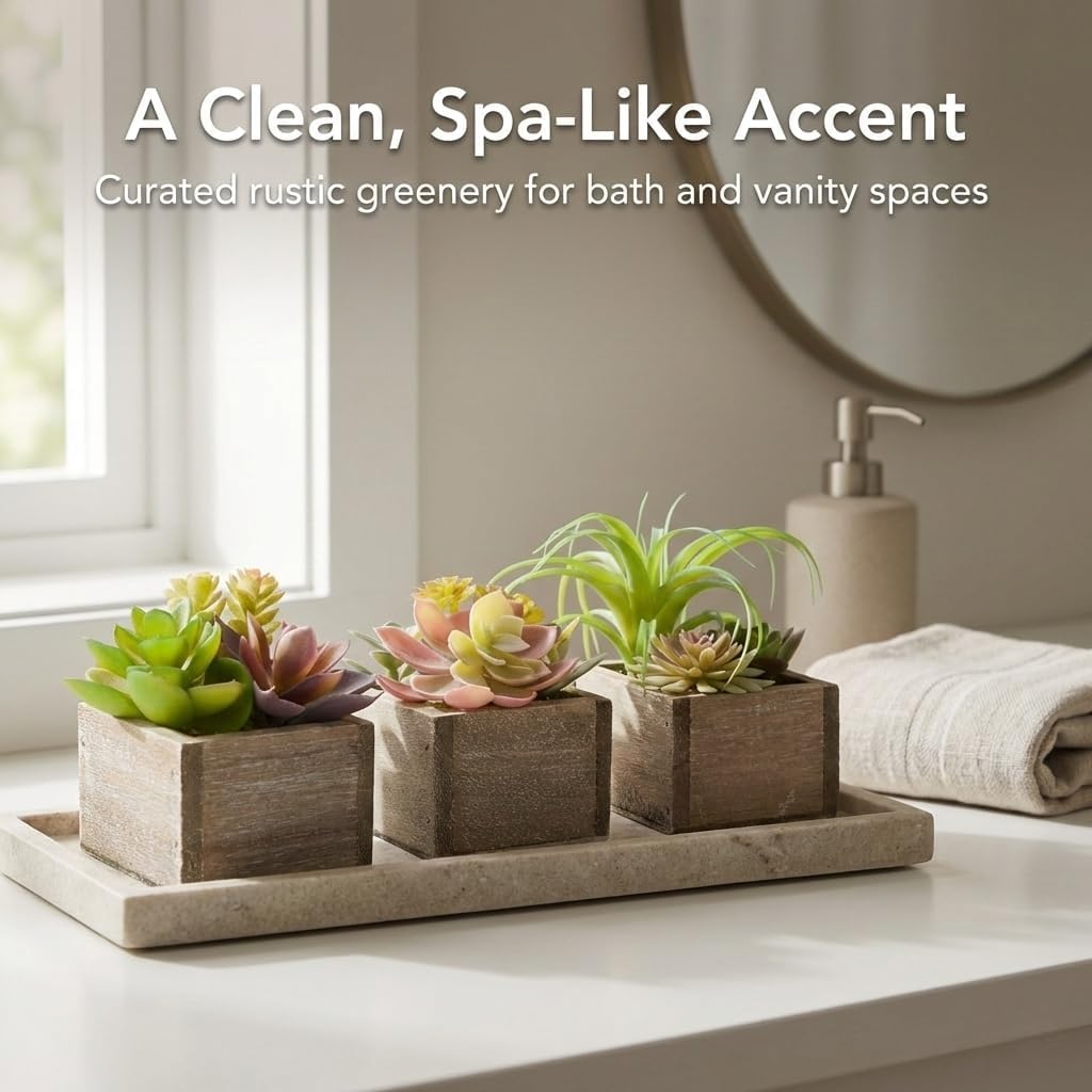 Mingfuxin Artificial Succulents Indoor, Set of 3 Mini Potted Greenery in Rustic Wood Planters, Tabletop Accent for Office, Bathroom Shelf, No Watering - Image 2