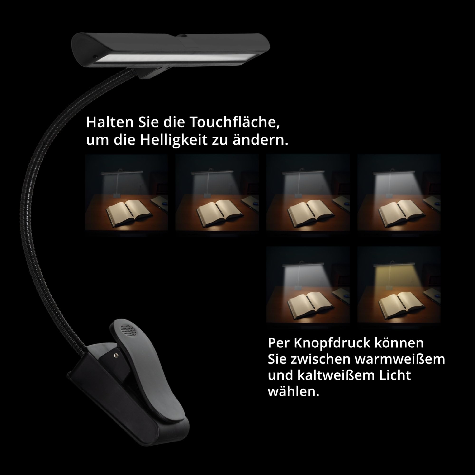 Classic Cantabile SM Notenpultleuchte Easy - Dimmbare, flexible Klemmlampe LED mit Memory-Funktion - Tischlampe mit Schwanenhals - Warm-weißes Licht, 18 LEDs - Pultleuchte - Klavierlampe in Schwarz