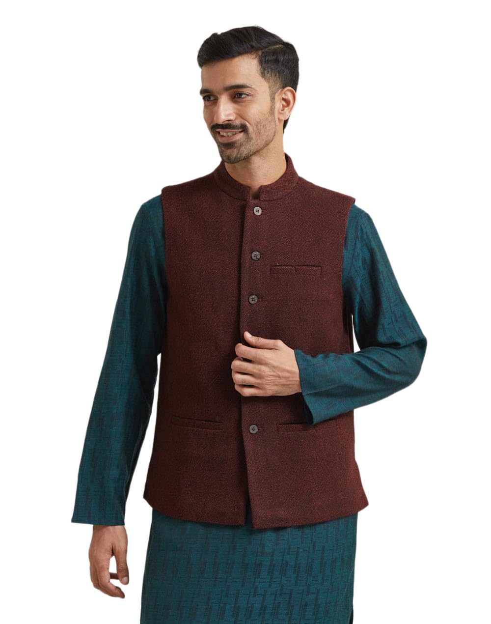 Men Fabindia Men's Maroon Wool Woven Texture Nehru Jacket-picture-12