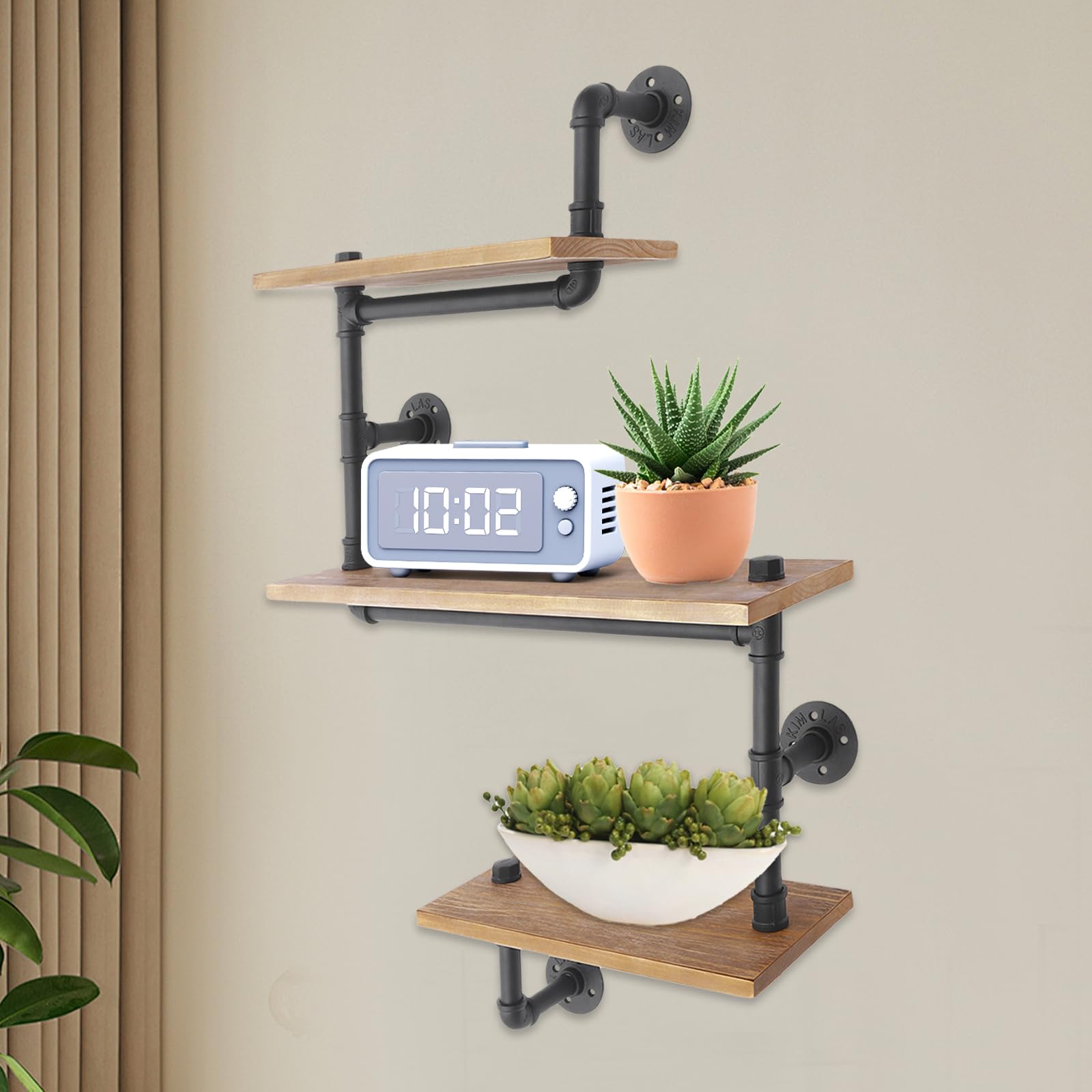 Regał ścienny, drewniany, metalowy, 3-poziomowy, do montażu na ścianie, przemysłowy design, regał kuchenny, regał na książki, do salonu, kuchni, biura
