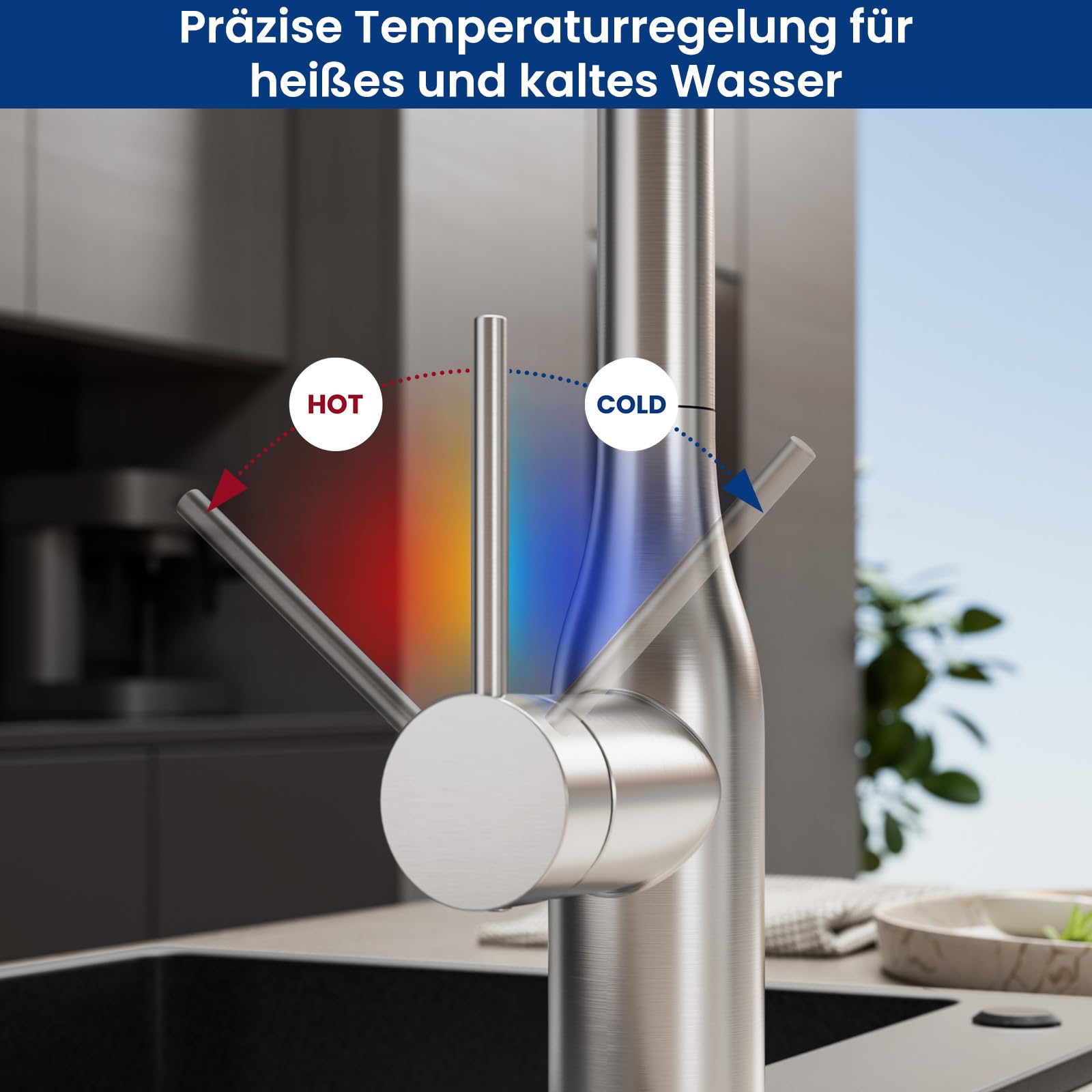 CECIPA Wasserhahn Küche Ausziehbar, Hochdruck Küchenarmatur Edelstahl, 360° Schwenk Armatur Küche mit Hohem Bogen, Robust & Leckagefrei, Einfache Installation, Mischbatterie mit Zugauslauf für Spüle | Vasenförmiger Körper, ausziehbare Brause, 360 Grad sch