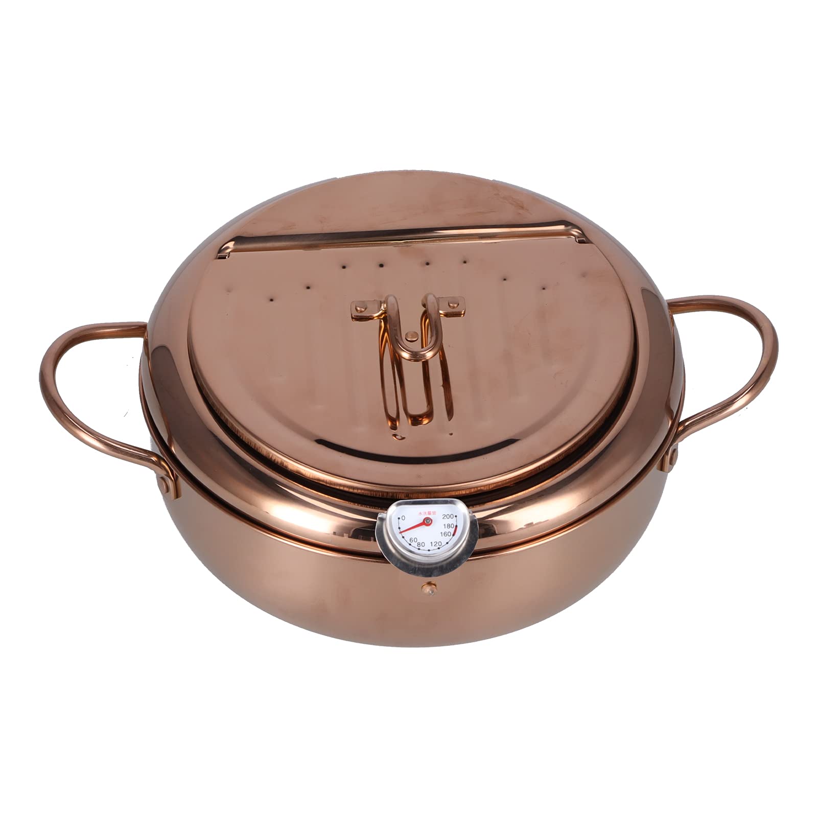Deep Fryer Pot with Basket, Stainless Steel Deep Fryer Pot with Thermometer Kitchen Cookware Accessory for French Fries Chicken Wings 3.2L (Rose Gold)