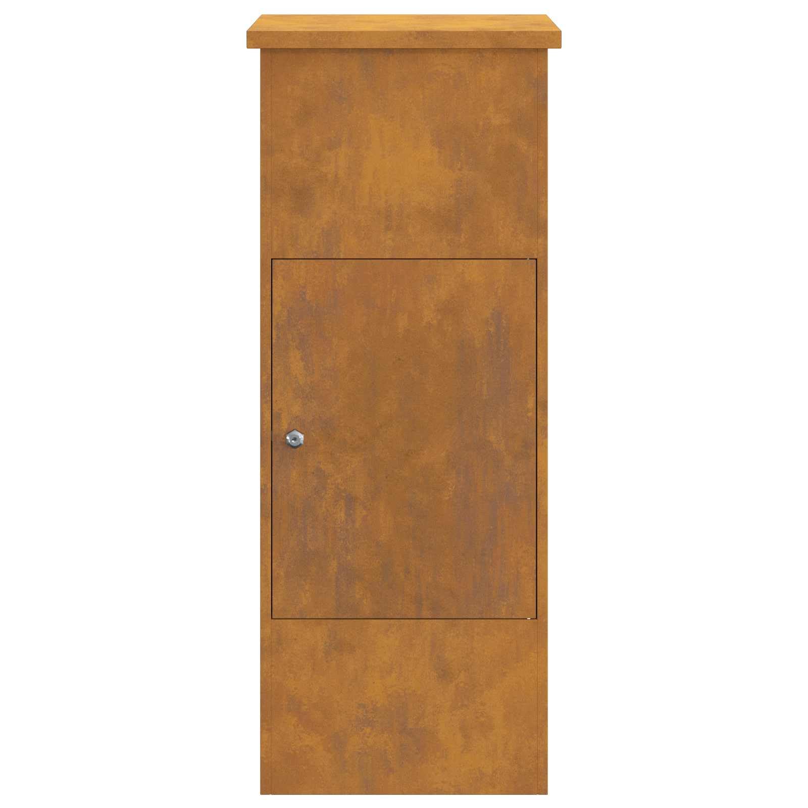 Pudełko na paczki, rdzawe ze stali odpornej na warunki atmosferyczne, wymiary 44,5 x 29 x 110,5 cm, zamykane, odporne na warunki atmosferyczne, do użytku na zewnątrz, nowoczesne wzornictwo