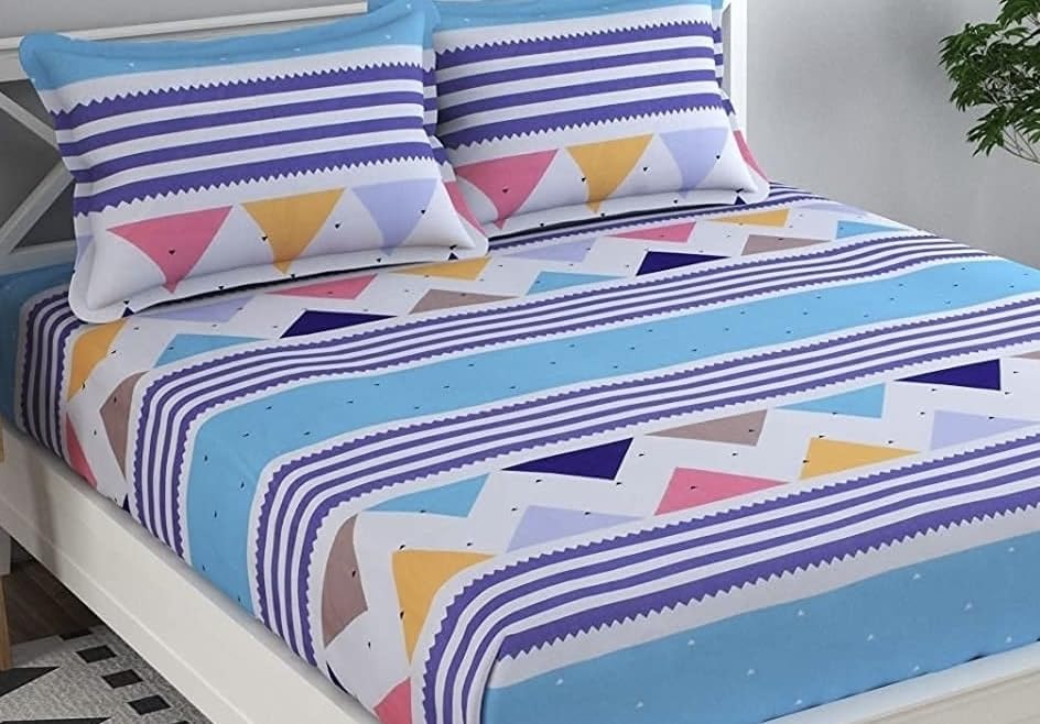 Image of Cotton Feel All Around Elastic Fitted Bedsheet Set for Double Bed Queen Size with 2 Pillow Covers (60 inch x 78 inch inches,White Blue)