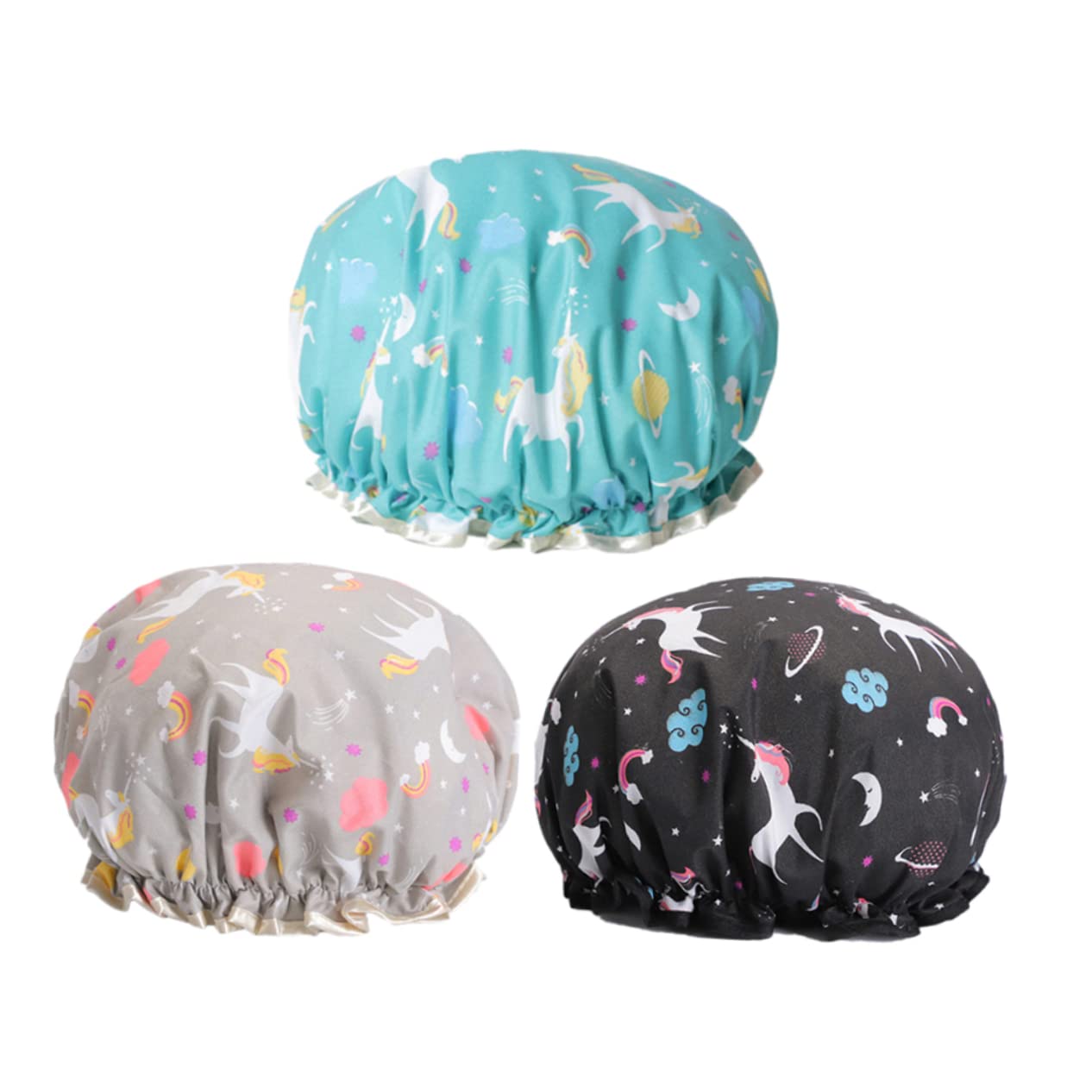 Healvian 9piezas Gorro De De Doble Capa Pack De Sombreros De Baño Diseño De Unicornio Azul Lago Negro Protección Para Cabello y Spa