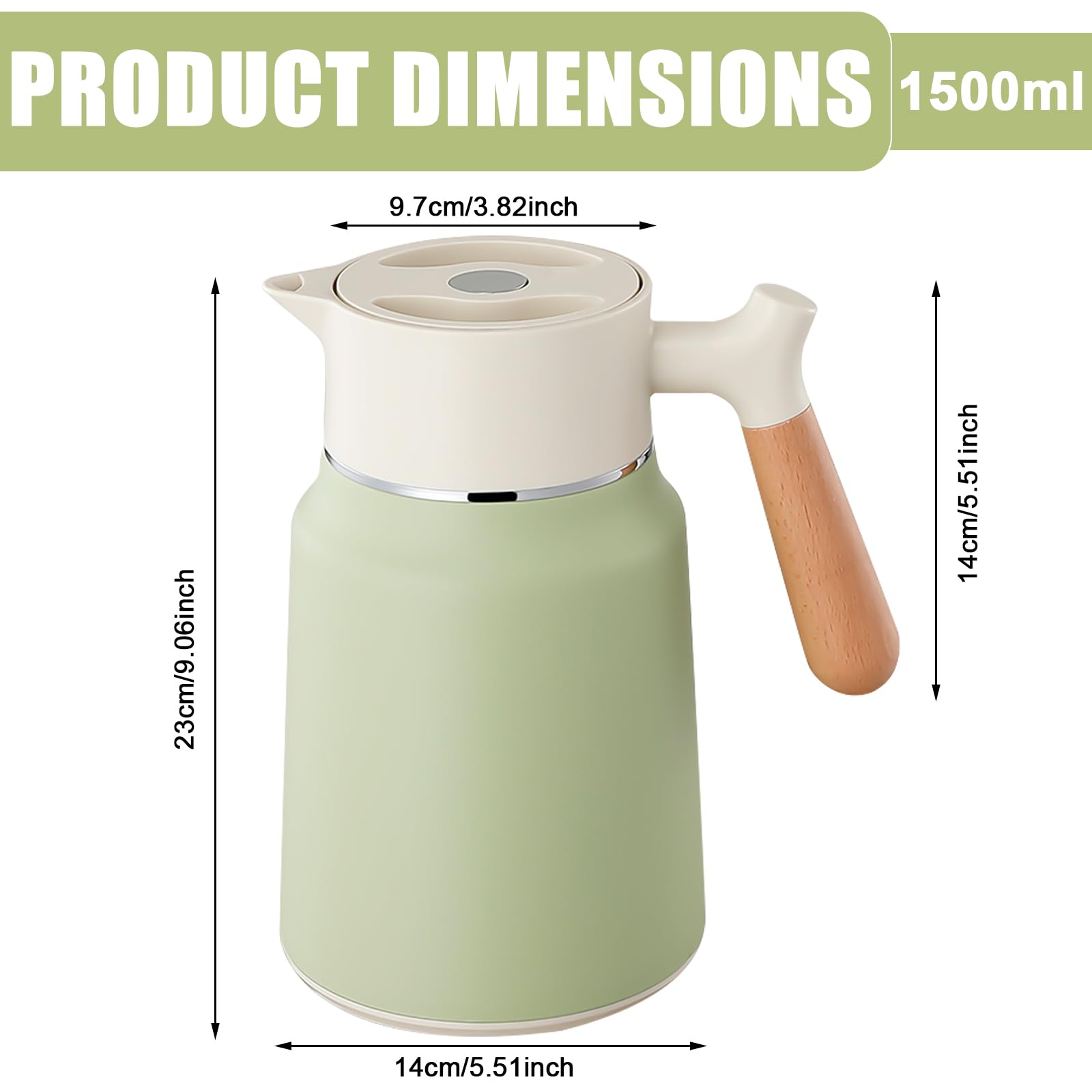 Cafetière isotherme en acier inoxydable de 1,5 l - Double paroi d'isolation sous vide - Avec poignée aspect bois - Pour eau, café, thé, boisson (blanc + vert)